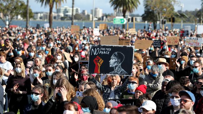 Protesters participate in a Black Lives Matter rally at Langley Park in Perth on Saturday. Picture: AAP