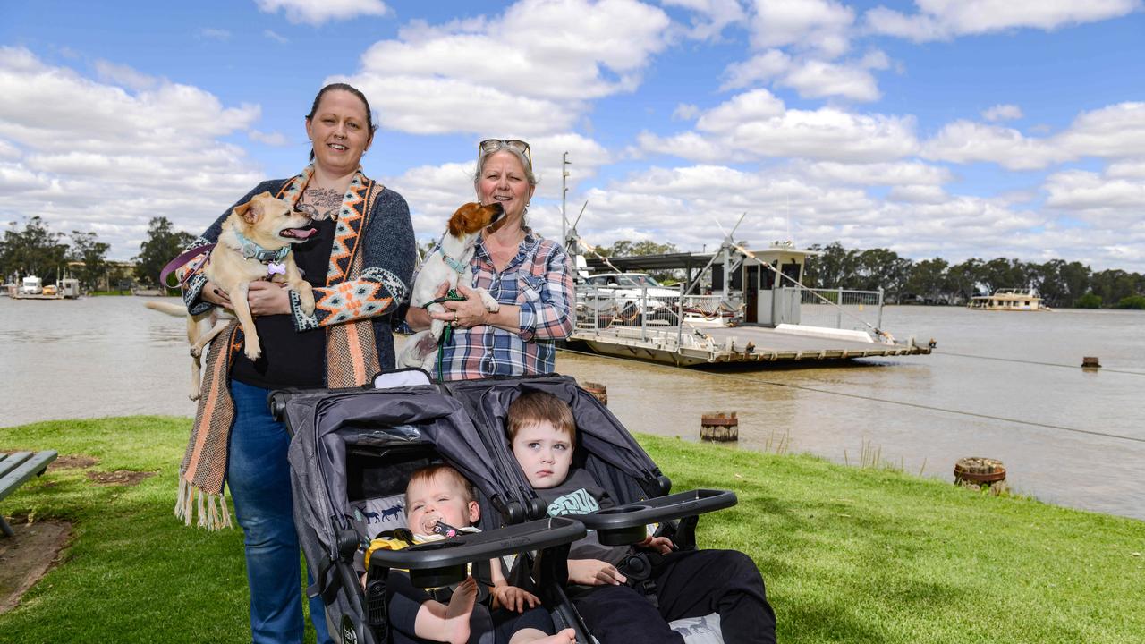 Kim Houston from Gawler with her children Presley and Arlo and mum Gillian Waye at the ferry at Mannum. Picture: Brenton Edwards