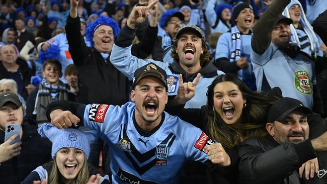 Blues fans celebrating the win. Picture: NRL Photos