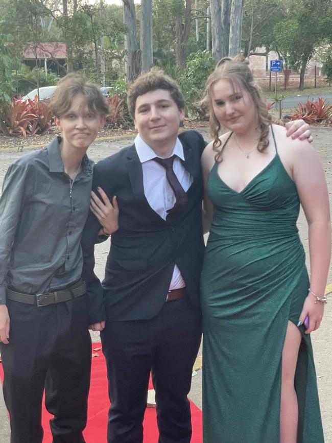 Kiara Taylor, Tamara Wilson and Ethan Wright at the Hervey Bay High Anti-formal on November 16, 2023.