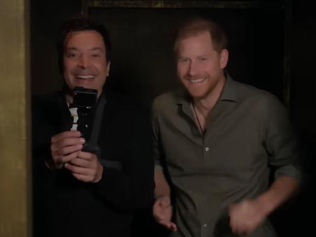 It was all smiles moments before Prince Harry and Jimmy Fallon ventured through the haunted maze.