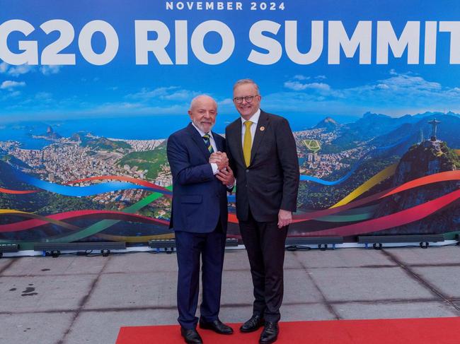 Prime Minister Anthony Albanese was welcomed to the G20 leaders summit in Rio de Janeiro by Brazilian President Luiz Inácio Lula da Silva. Picture: Supplied/handout/Prime Minister's Office