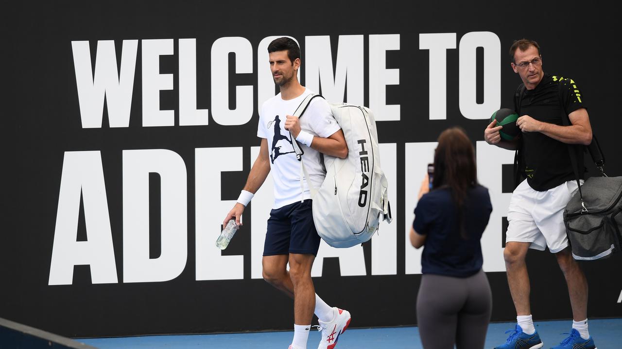 Tennis great Novak Djokovic arrives on centre court in Adelaide. Picture: Getty