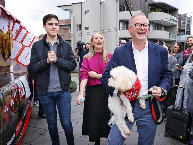 Anthony Albanese with his partner Jodie Haydon, son Nathan and dog Toto. Picture: Sam Ruttyn