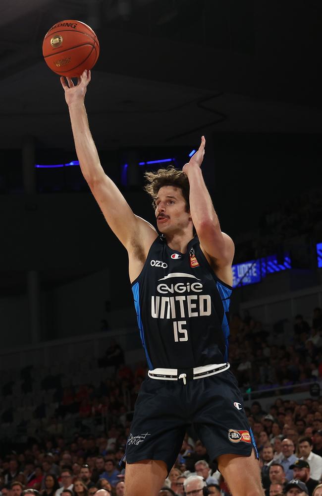 Kyle Bowen of United shoots during game one of the NBL Semi Final Series between Melbourne United and Perth Wildcats at John Cain Arena on February 27, 2025 in Melbourne, Australia. (Photo by Graham Denholm/Getty Images)