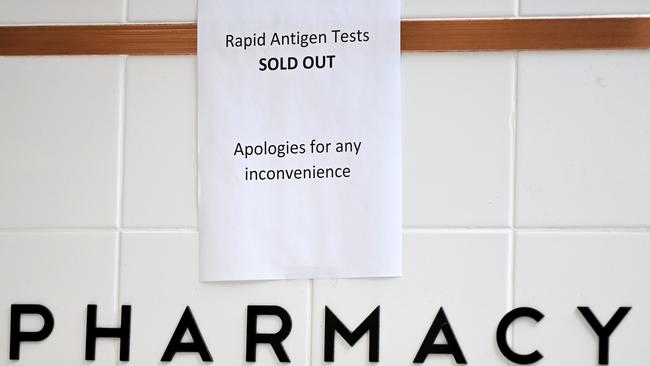 A sign outside a pharmacy informing customers that Rapid Antigen Tests (RAT) are unavailable. Picture: Dan Peled