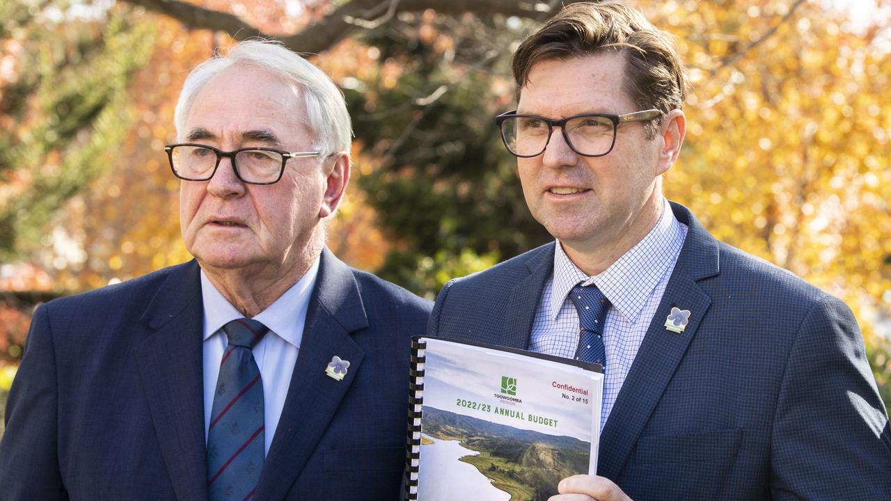 Toowoomba Regional Council Mayor Paul Antonio (left) and Deputy Mayor Geoff McDonald have said a waterpark is not a crucial priority for the region in the coming decade. Monday, June 13, 2022. Picture: Nev Madsen.