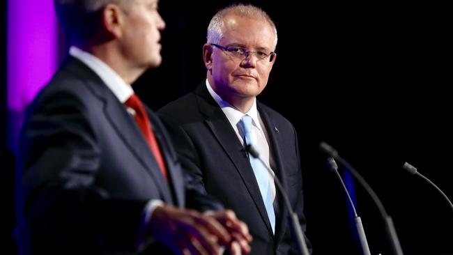 Scott Morrison watches on during the final leaders’ debate. Picture: Liam Kidston