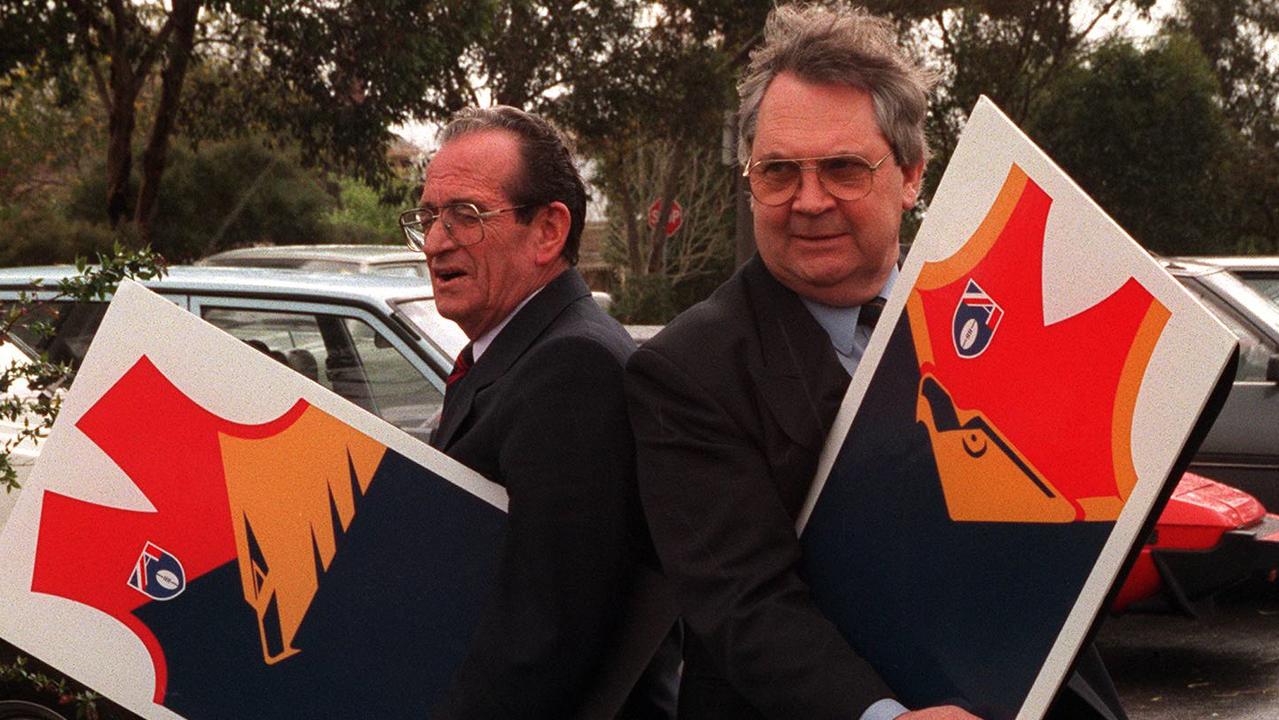 Ian Ridley and Brian Coleman after a press conference to announce new ‘Melbourne Hawks’ jumper.