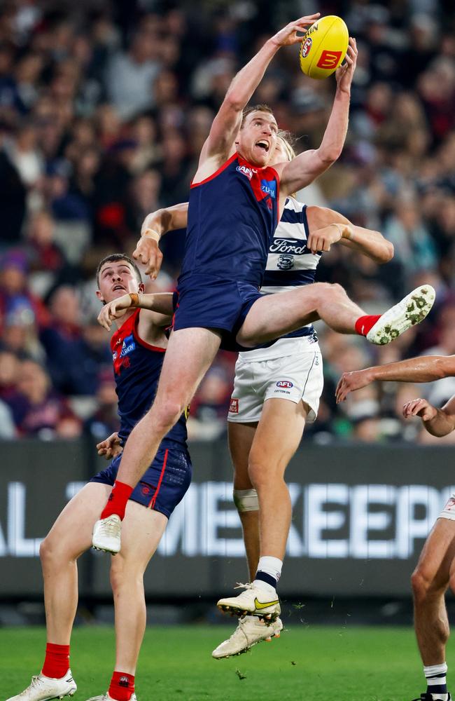 Tom McDonald says Melbourne teammate Harrison Petty is a ‘natural forward’ who has regained confidence in his body following an impressive nine-mark display against Geelong. Picture: Dylan Burns / Getty Images