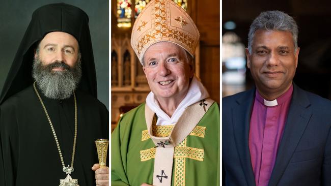 Archbishops Makarios Griniezakis, left, Anthony Fisher, centre, and Kanishka Raffel, of the Greek Orthodox, Catholic and Anglican faiths respectively.