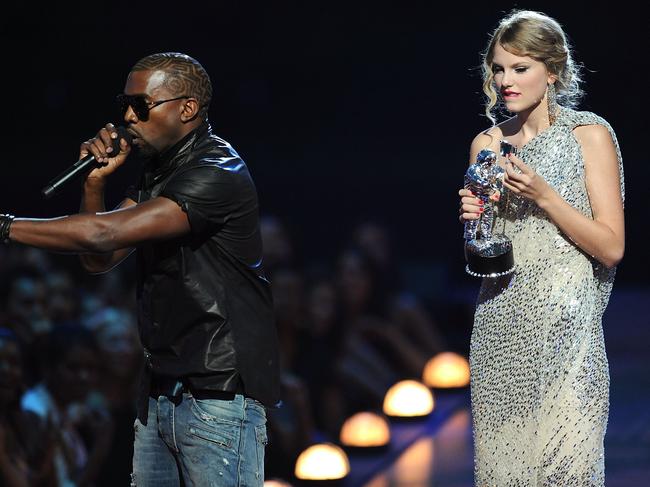 The rancour between Kanye West and Taylor Swift started in 2009 after the rapper interrupted her acceptance speech at the MTV Video Music Awards. Picture: Kevin Mazur/WireImage