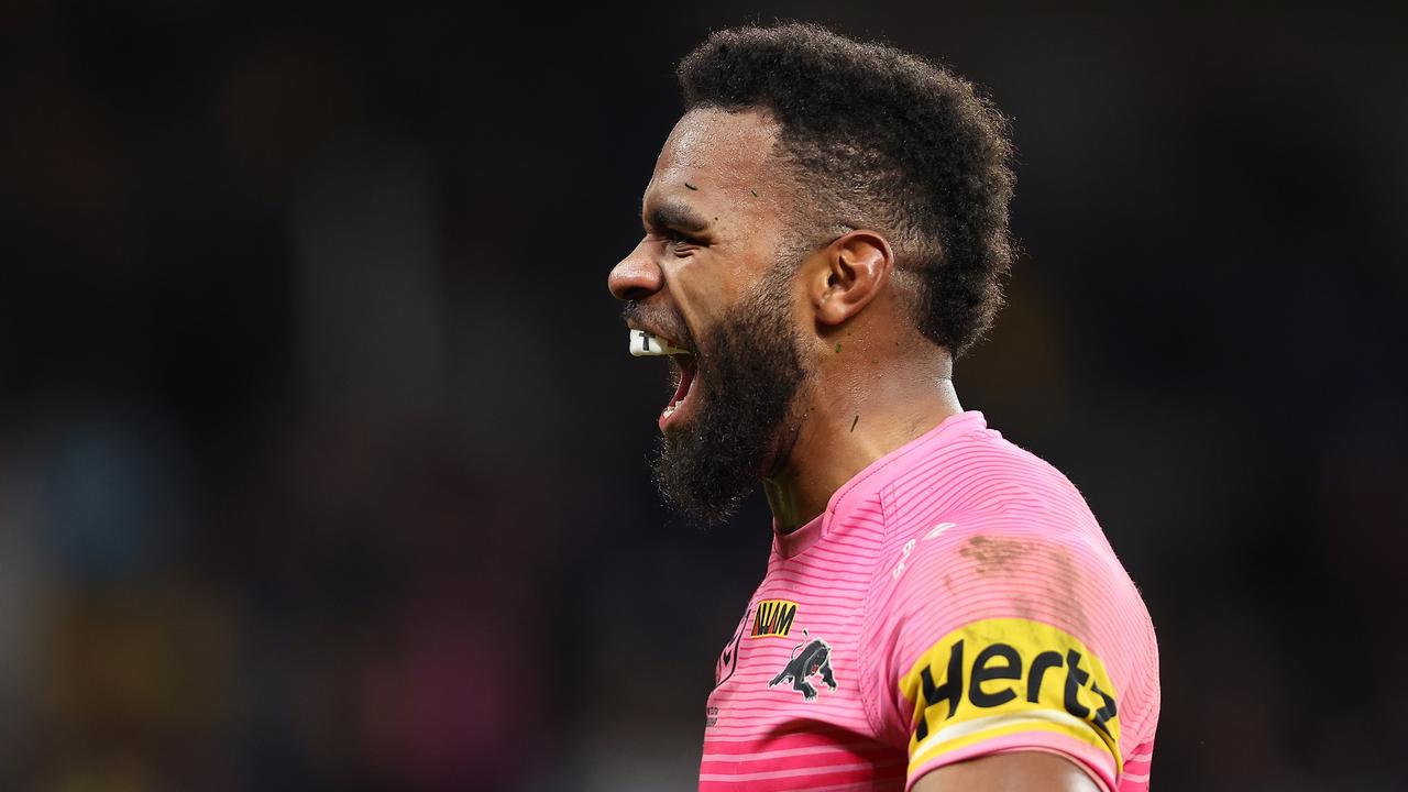 SYDNEY, AUSTRALIA - AUGUST 09: Sunia Turuva of the Panthers celebrates at full time during the round 23 NRL match between Parramatta Eels and Penrith Panthers at CommBank Stadium, on August 09, 2024, in Sydney, Australia. (Photo by Jeremy Ng/Getty Images)