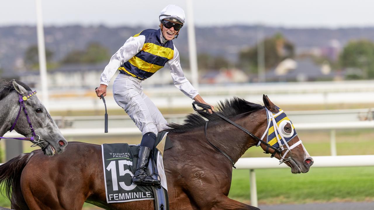 Lachlan Neindorf celebrates as Femminile claims the South Australian Derby. Picture: Makoto Kaneko