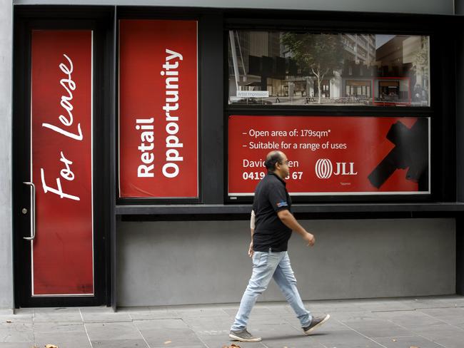 For lease signs adorn an empty retail space in Melbourne’s CBD. Picture: NCA NewsWire / David Geraghty