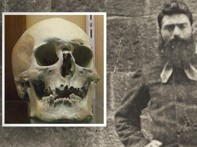 A photograph of Ned Kelly after his arrest and, inset, a skull believed to be his that was stolen from the gaol in 1978. Picture: State Library of Victoria