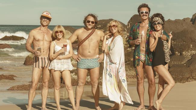 Cast of Australian film Flammable Children - set in 1975. L-R: Guy Pearce, Kylie Minogue, Jeremy Sims, Asher Keddie, Julian McMahon and Radha Mitchell The film is likely to be released in late 2017