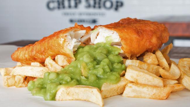 Fish, chips and mushy peas at the Traditional Chip Shop in Randwick.