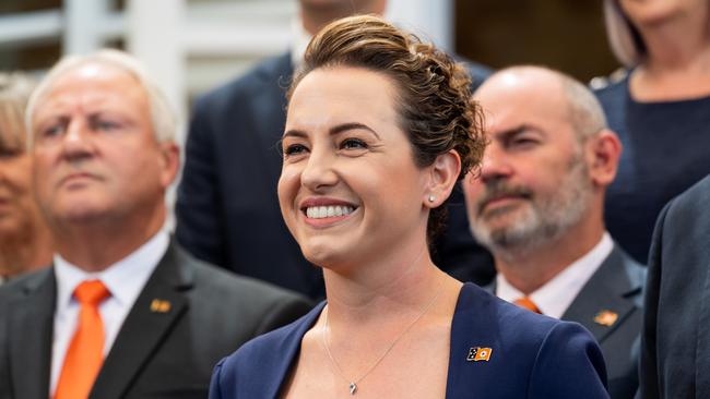 Chief Minister Lia Finocchiaro at Tuesday’s swearing in of the new NT cabinet, with new Housing, Local Government and Community Development Minister Steve Edgington to her left. Picture: Pema Tamang Pakhrin