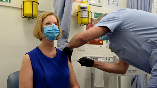 Former Prime Minister Julia Gillard receives her AstraZeneca vaccine at the Carrum Downs Respiratory Clinic. Picture: Andrew Henshaw.