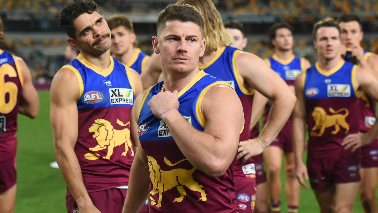 BRISBANE, AUSTRALIA - AUGUST 19: Dayne Zorko of the Lions looks dejected after his team's defeat during the round 23 AFL match between the Brisbane Lions and the Melbourne Demons at The Gabba on August 19, 2022 in Brisbane, Australia. (Photo by Albert Perez/AFL Photos via Getty Images)