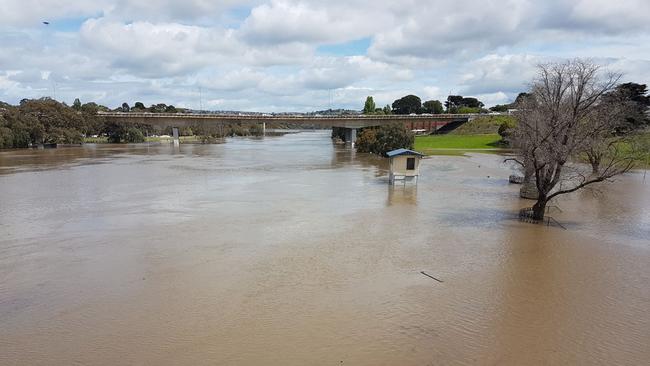 Barwon River flooding in Geelong around midday. Picture: Mark Wilson