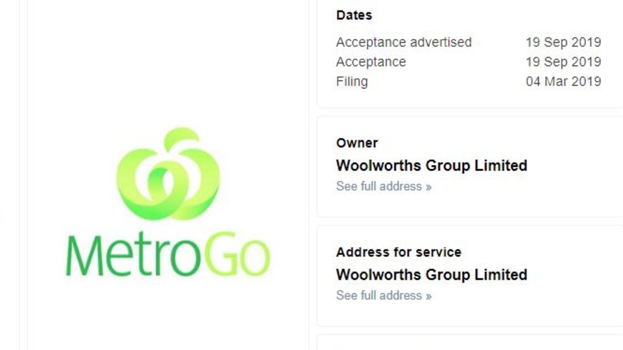 The Woolworths filing on the IP Australia website of its MetroGo trademark that was accepted last month.