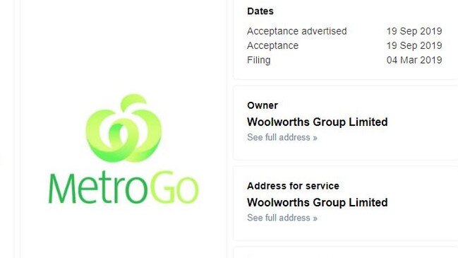 The Woolworths filing on the IP Australia website of its MetroGo trademark that was accepted last month.