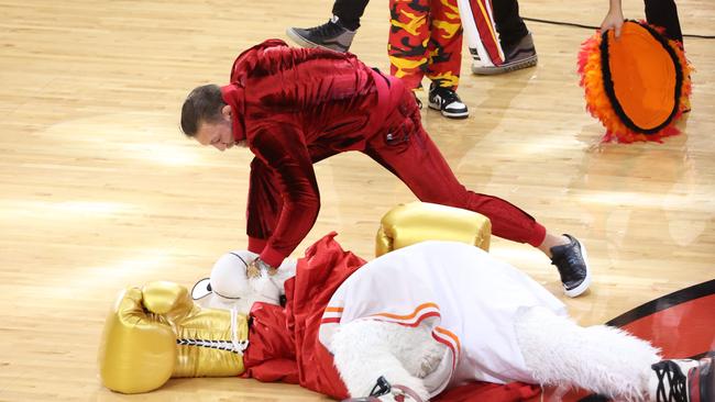 MIAMI, FL - JUNE 9: Connor McGregor and Mascot Burnie of the Miami Heat perform during halftime against the Denver Nuggets during Game Four of the 2023 NBA Finals on June 9, 2023 at Kaseya Center in Miami, Florida. NOTE TO USER: User expressly acknowledges and agrees that, by downloading and or using this Photograph, user is consenting to the terms and conditions of the Getty Images License Agreement. Mandatory Copyright Notice: Copyright 2023 NBAE (Photo by Joe Murphy/NBAE via Getty Images)