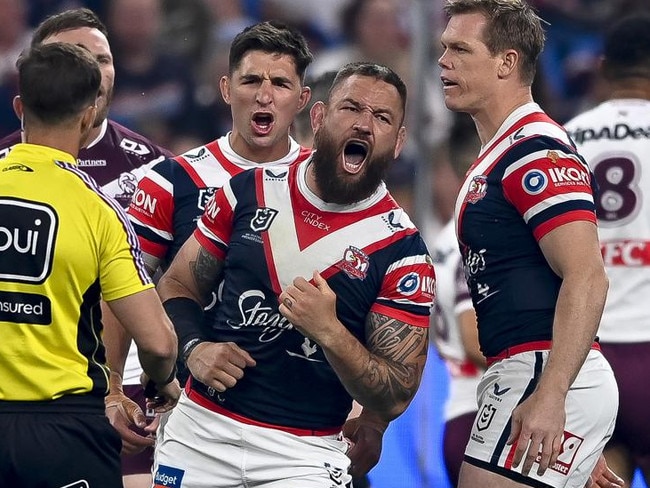 NRL 2024 SF Sydney Roosters v Manly-Warringah Sea Eagles - Victor Radley Jared Waerea-Hargreaves, Celebration. Picture: NRL Photos