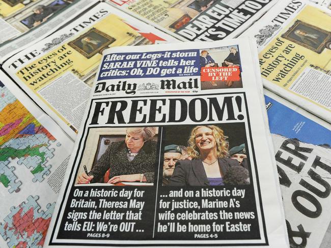 An arrangement of British newspapers reporting on the Brexit process. Picture: AFP/Daniel Sorabji