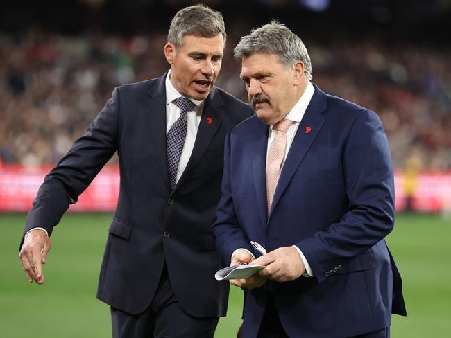 MELBOURNE, AUSTRALIA - SEPTEMBER 15: Commentators Matthew Richardson and Brian Taylor are seen during the AFL First Semi Final match between Melbourne Demons and Carlton Blues at Melbourne Cricket Ground, on September 15, 2023, in Melbourne, Australia. (Photo by Robert Cianflone/Getty Images)