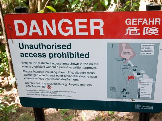 Josephine Falls has warning signs advising access to the top pool is prohibited. Picture: Supplied.