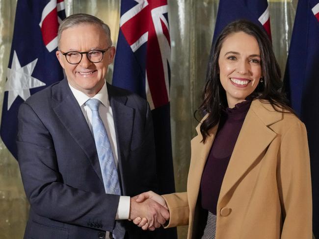 *** BESTPIX *** SYDNEY, AUSTRALIA - JUNE 10: Australian Prime Minister Anthony Albanese (L) greets his New Zealand counterpart Jacinda Ardern ahead of a bilateral meeting on June 10, 2022 in Sydney, Australia. Jacinda Ardern is the first foreign leader to be hosted by Australia's new Labor government. (Photo by Mark Baker - Pool/Getty Images)