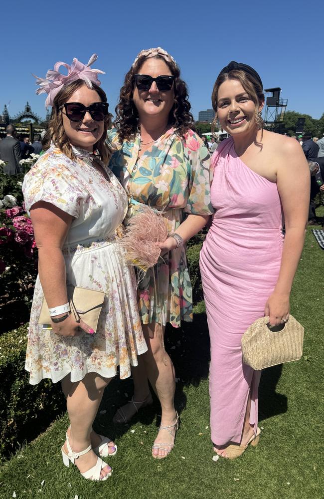 Jessica Page, Jade Curtis and Jillian Ferrara at the Melbourne Cup at Flemington Racecourse on November 5, 2024. Picture: Phillippa Butt