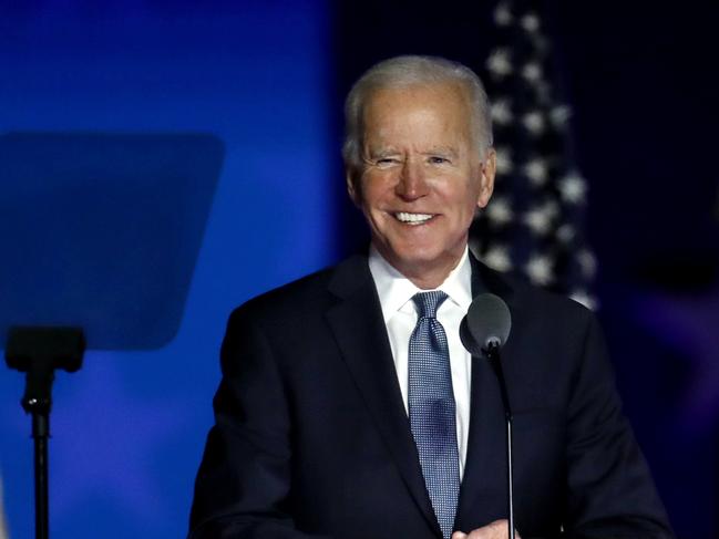 Joe Biden during an election night party in Wilmington, Delaware. Picture: Bloomberg via Getty Images