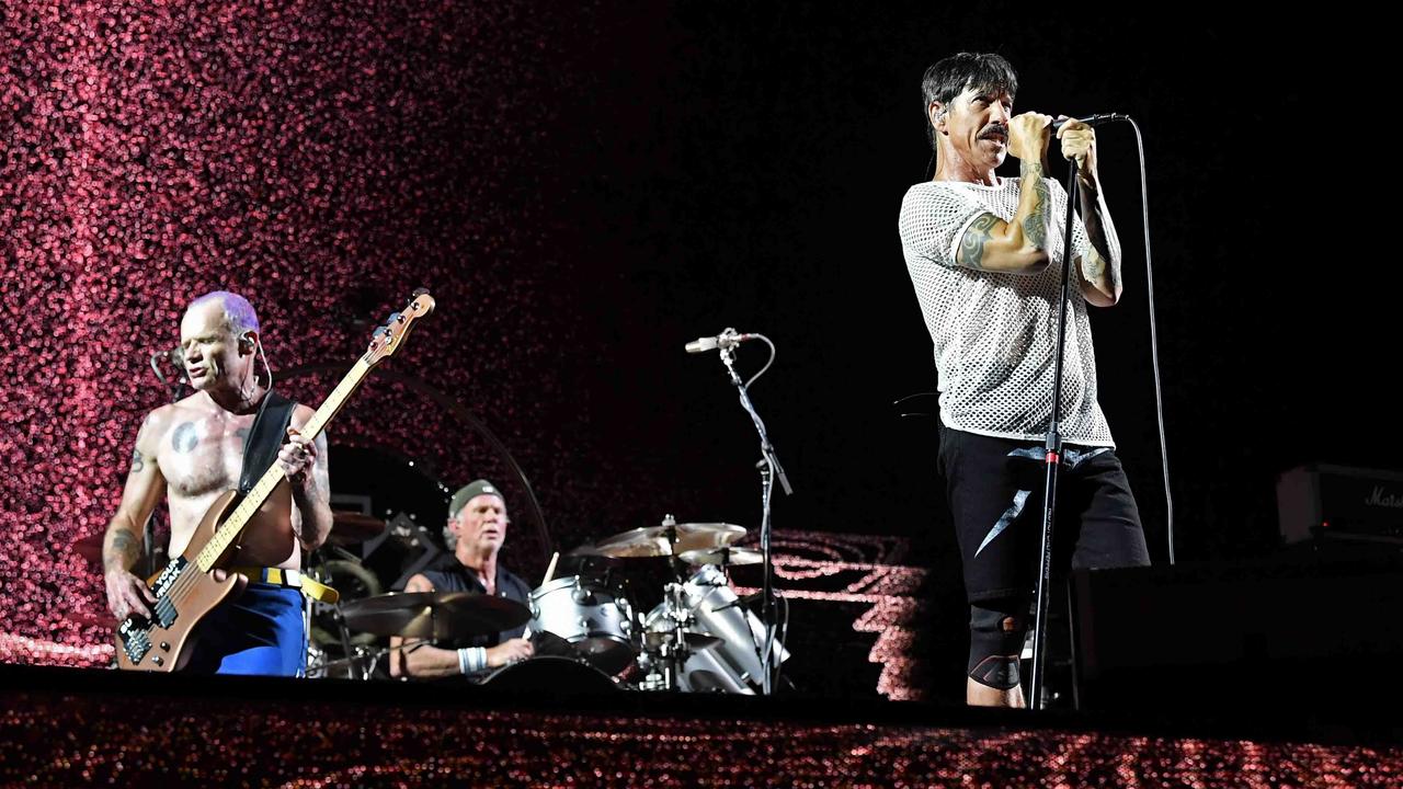 The Red Hot Chili Peppers on stage at Suncorp Stadium in Qld. Picture: Patrick Woods.