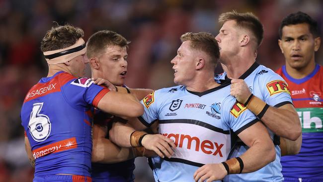 NEWCASTLE, AUSTRALIA - APRIL 16: Teig Wilton of the Sharks during an altercation during the round six NRL match between the Newcastle Knights and the Cronulla Sharks at McDonald Jones Stadium, on April 16, 2021, in Newcastle, Australia. (Photo by Ashley Feder/Getty Images)