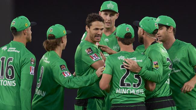 Nathan Coulter-Nile and the Stars celebrates after taking the crucial wicket of Chris Lynn Picture: Getty Images