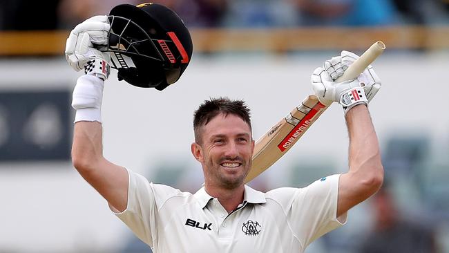 Shaun Marsh celebrates after reaching his double century. Picture: AAP Images