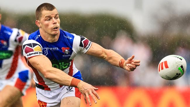 TAMWORTH, AUSTRALIA - MAY 11: Jayden Brailey of the Knights passes the ball during the round 10 NRL match between Wests Tigers and Newcastle Knights at Scully Park, on May 11, 2024, in Tamworth, Australia. (Photo by Mark Evans/Getty Images)