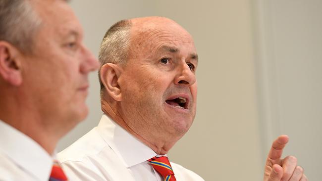 Suns chairman Tony Cochrane and chief executive Mark Evans detail the club’s position on Eade at Tuesday’s press conference. Picture: AAP