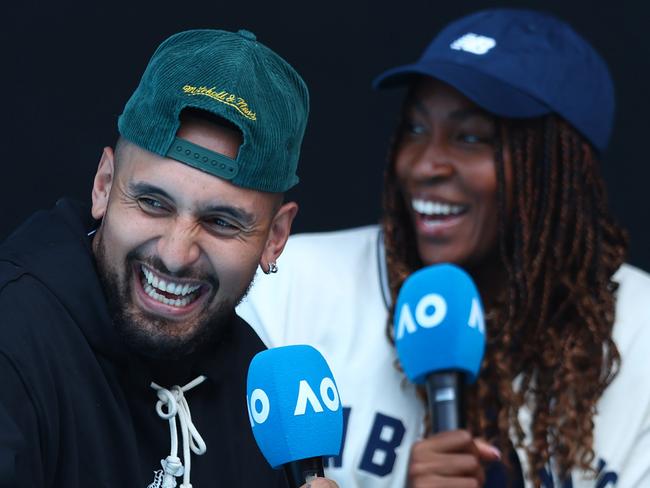 MELBOURNE, AUSTRALIA - JANUARY 12: Nick Kyrgios of Australia (L) interviews Coco Gauff of the United States ahead of the 2024 Australian Open at Melbourne Park on January 12, 2024 in Melbourne, Australia. (Photo by Graham Denholm/Getty Images)