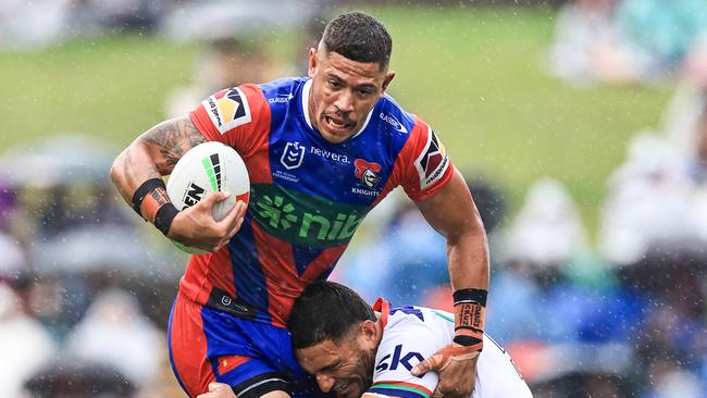 NEWCASTLE, AUSTRALIA - MAY 05: Dane Gagai of the Knights is tackled during the round nine NRL match between Newcastle Knights and New Zealand Warriors at McDonald Jones Stadium, on May 05, 2024, in Newcastle, Australia. (Photo by Mark Evans/Getty Images)