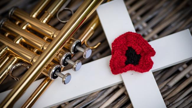 Taylor’s trumpet and her poppy tribute for ANZAC Day. Picture: Julian Andrews.