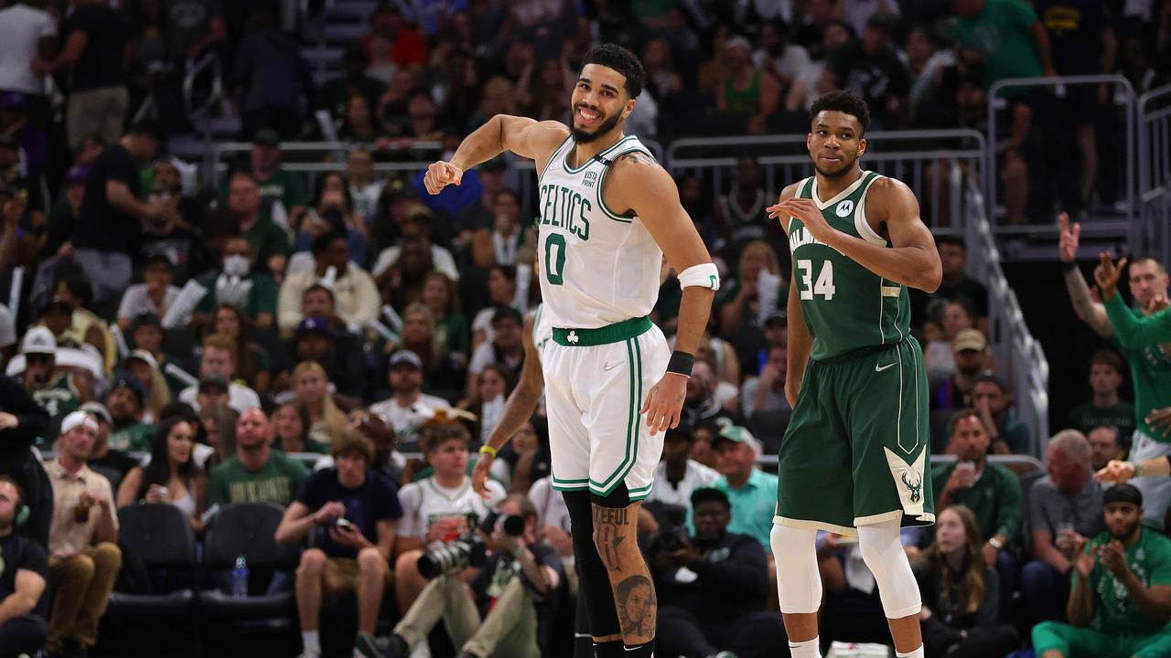 Jayson Tatum celebrates in front of Giannis Antetokounmpo. Photo: Stacy Revere/Getty Images/AFP.