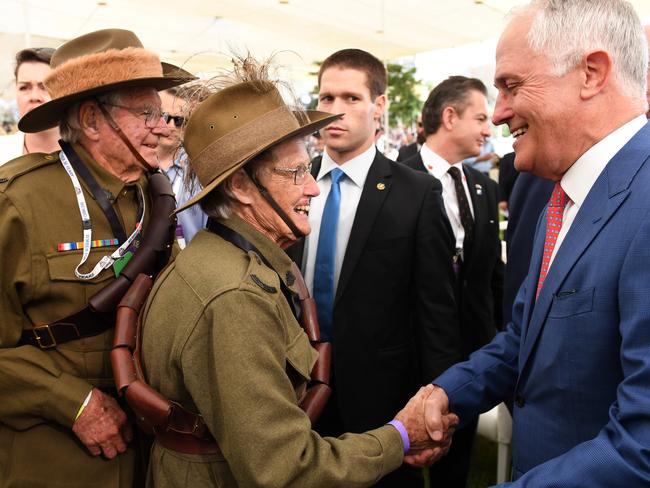 Australian Prime Minister Malcolm Turnbull shakes hands with 82-year-old Avon Moffatt, dressed in WWI uniform after taking part in the re-enactment of the Battle of Beersheba in Israel, on Tuesday, October 31. Picture: AAP