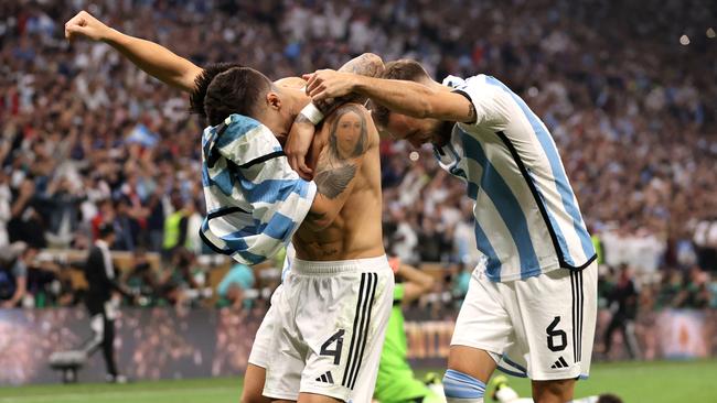 Argentina’s Gonzalo Montiel celebrates after scoring the fourth and winning penalty in the men’s World Cup final against France last year. Picture: Getty Images.