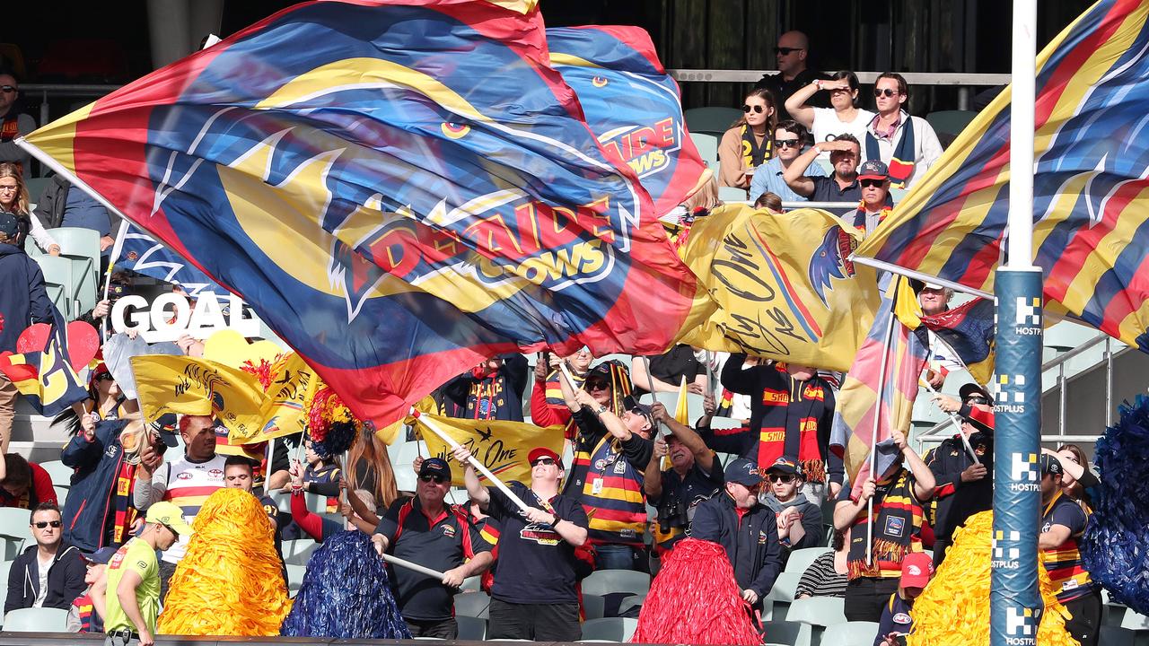 Crows fans celebrate a goal against Essendon at Adelaide Oval – a game they ultimately lost. Picture: Sarah Reed