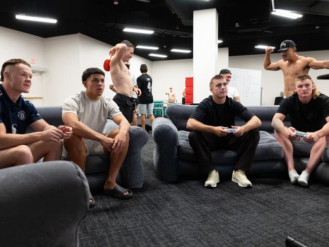 Raiders players Ethan Strange, 20, Savelio Tamale, 20, Chevy Stewart, 19, and Myles Martin, 20, are all under 21 and can't go onto the casino floor, or drink alcohol, in Las Vegas. Picture: Sam Gibson